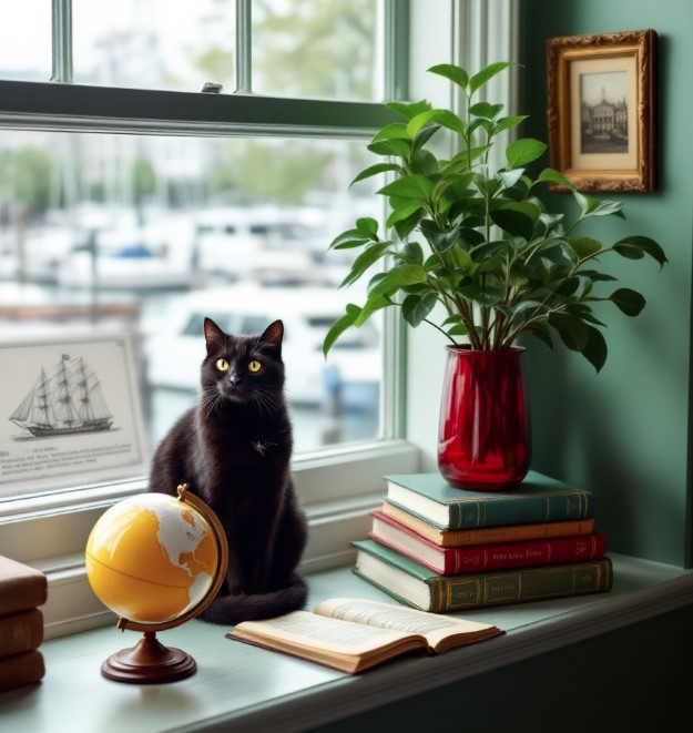 Windowsill, books, and Good Black Cat - www.MariecorAgravante.com for Dr. Mariecor Agravante, PhD